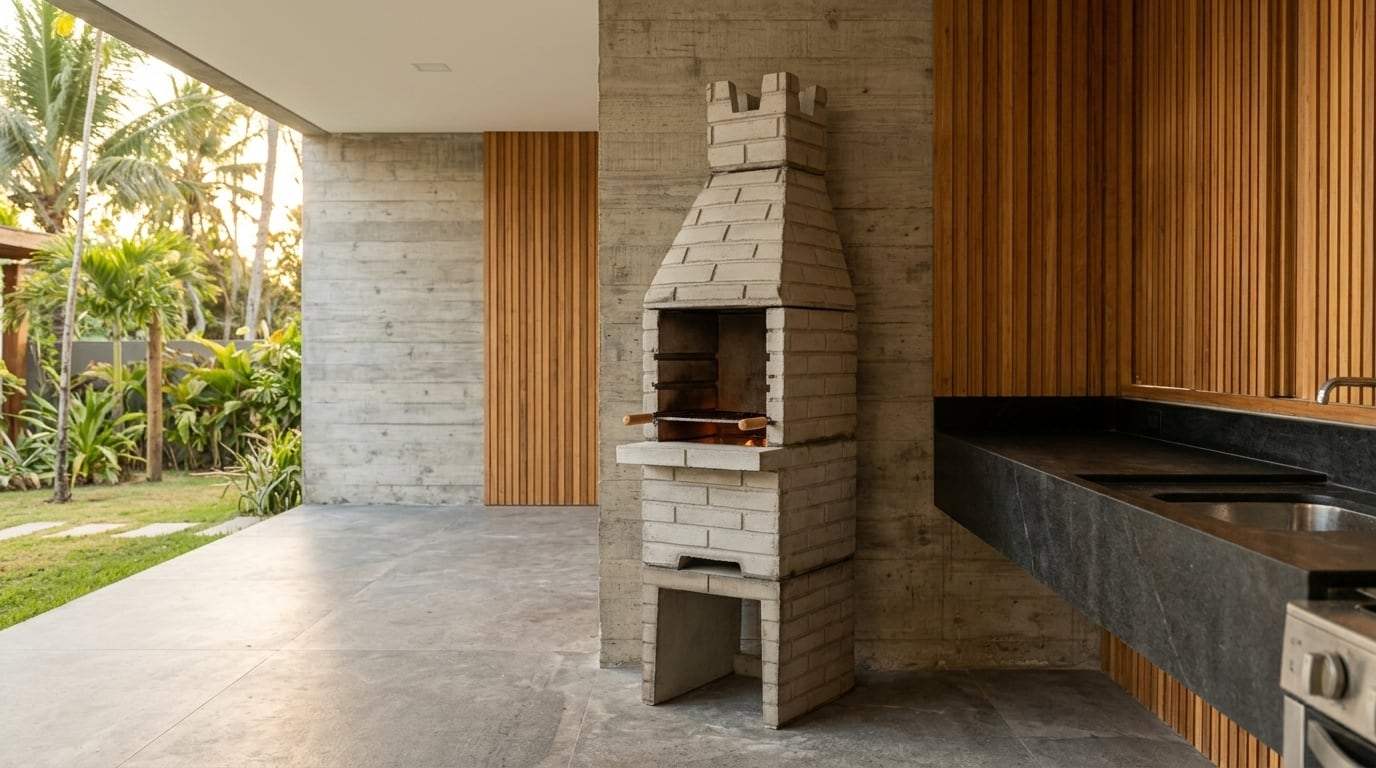 Simulação de ambiente: churrasqueira pré-moldada em cimento natural numa área gourmet de concreto e madeira, no fim de tarde