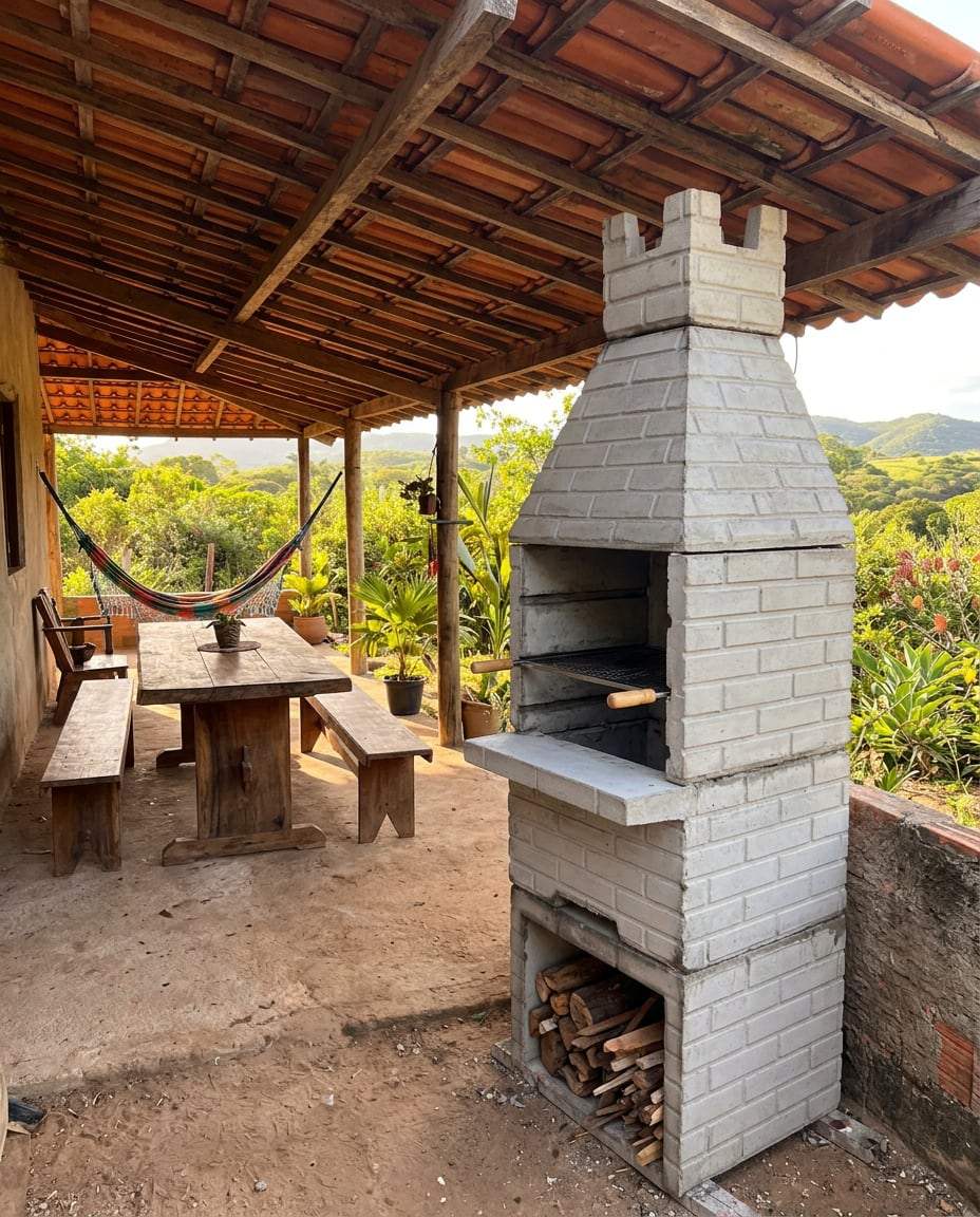 Simulação de ambiente: churrasqueira pré-moldada em cimento natural no alpendre de um sítio, com lenha na base e serra ao fundo