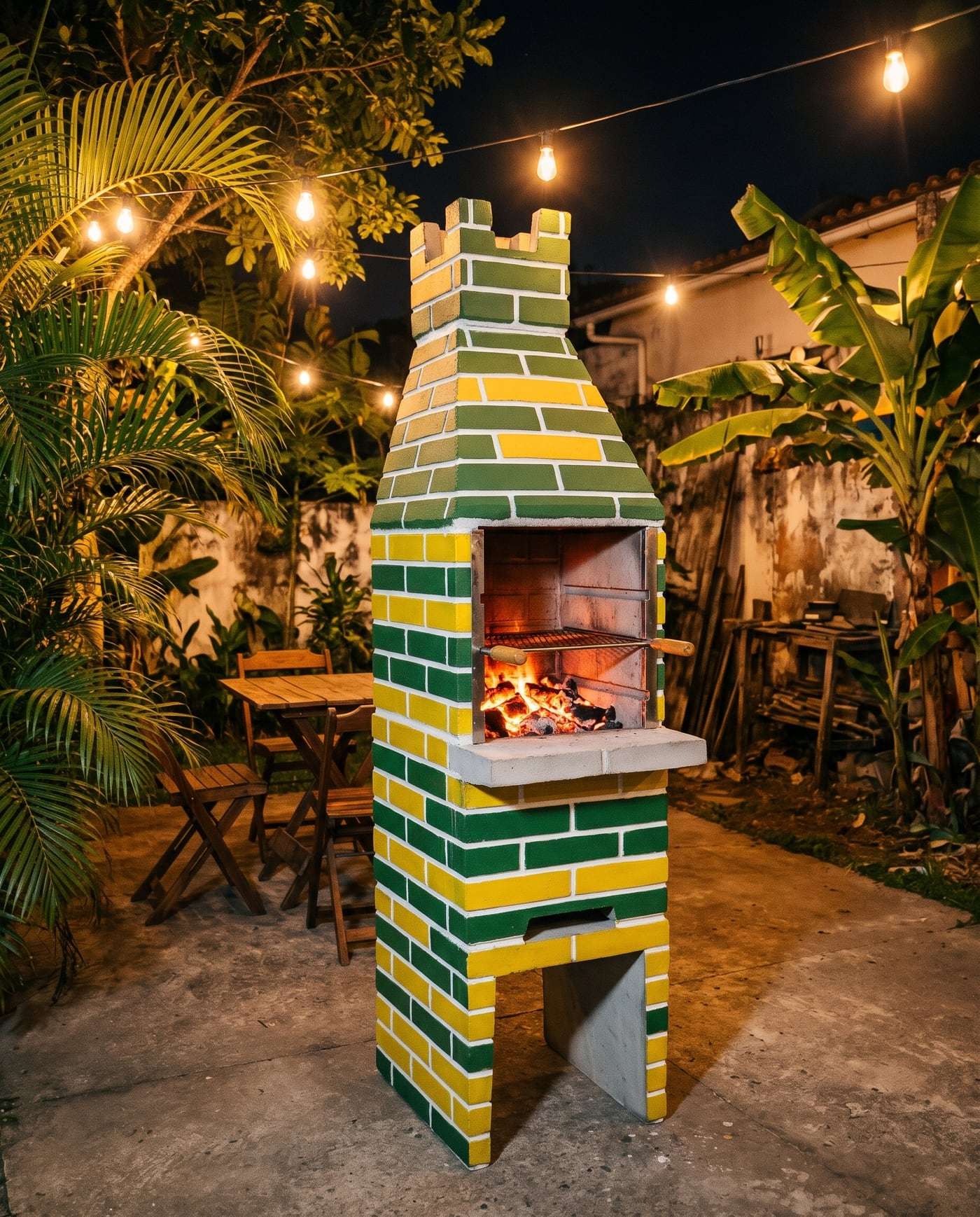 Simulação de ambiente: churrasqueira pré-moldada pintada de verde e amarelo, com fogo aceso, num quintal com varal de luzes à noite